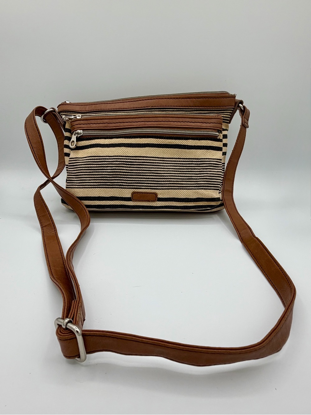 Relic Striped Canvas Crossbody Bag Tan Faux Leather Trim Multi Pocket Boho Purse - Picture 2 of 16
